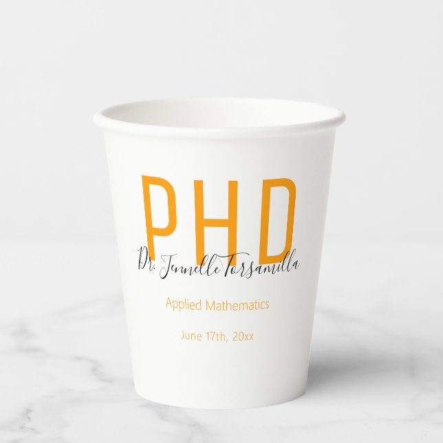 Graduate Graduation Orange PhD Party Paper Cups (Front)