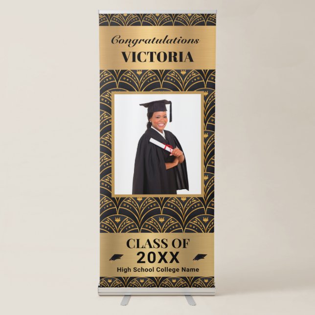 Graduate Graduation Photo Gold Black Custom Retractable Banner (Front)