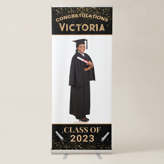 Graduate Graduation Photo Gold Black Custom        Retractable Banner (Front)