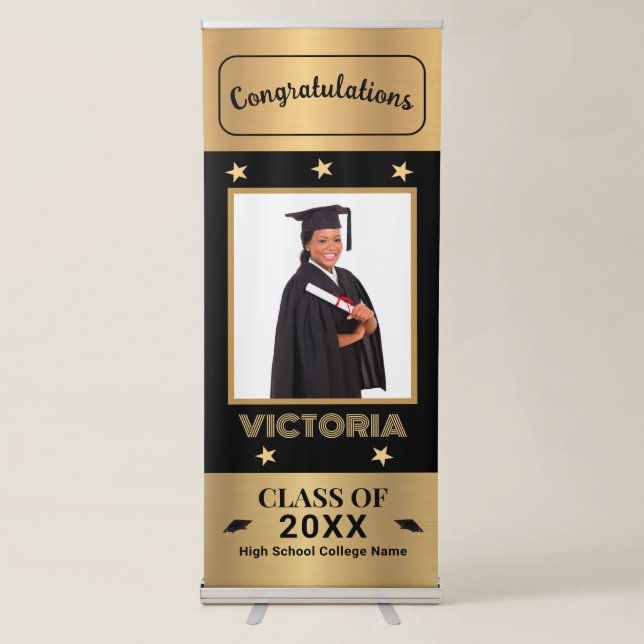 Graduate Graduation Photo Gold Black Custom Retractable Banner (Front)