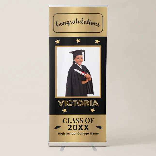 Graduate Graduation Photo Gold Black Custom Retractable Banner | Zazzle