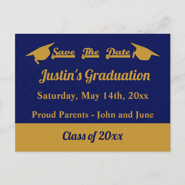 Graduate Graduation Save The Date Blue and Gold Postcard Zazzle