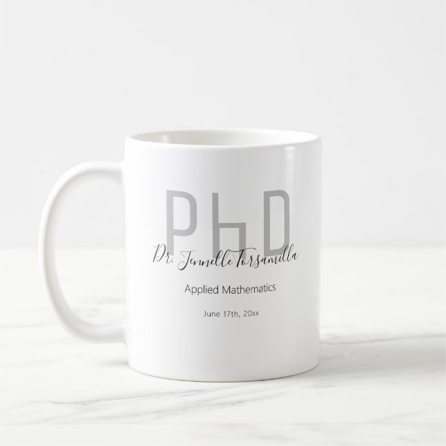 Graduate Gray Black Name PhD Coffee Mug (Left)