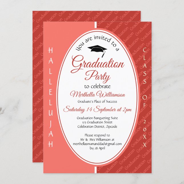 Graduate HALLELUJAH Custom Coral Graduation Invitation (Front/Back)
