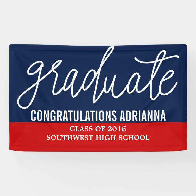 Graduate Handwritten Congratulations Navy Blue Red Banner (Horizontal)