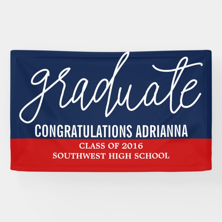 Graduate Handwritten Congratulations Navy Blue Red Banner | Zazzle