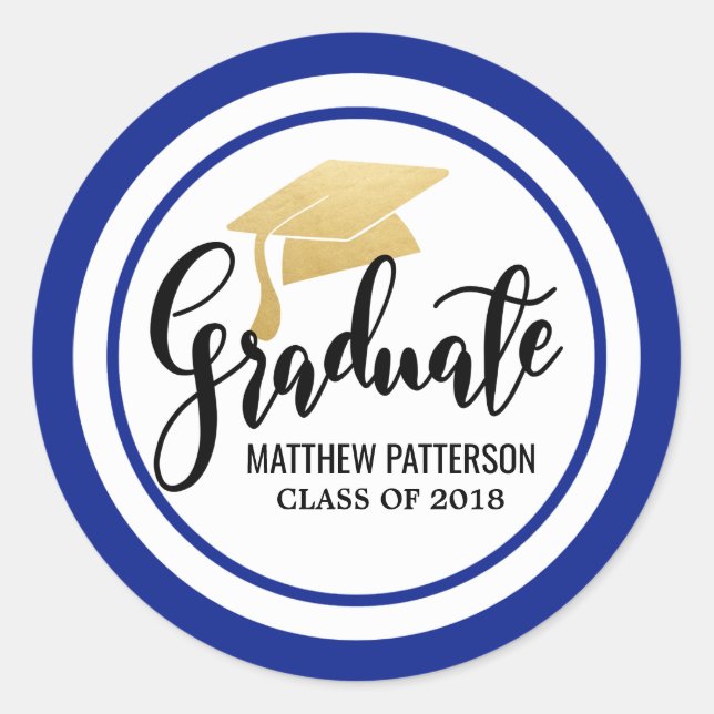 Graduate Handwritten Faux Gold Foil Hat Navy Blue Classic Round Sticker (Front)