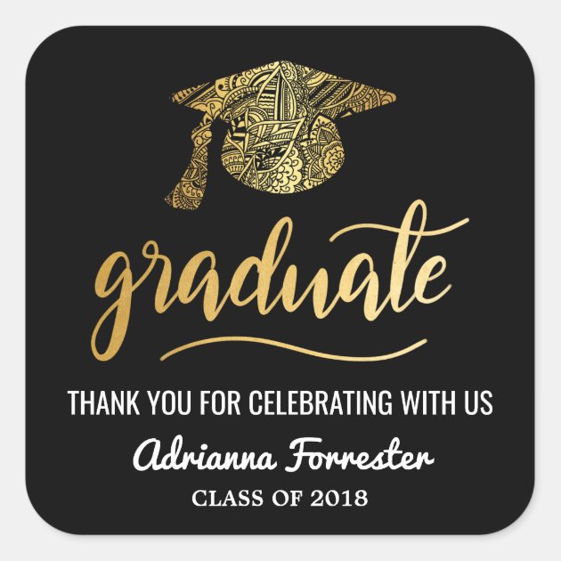 Graduate Handwritten | Grad Hat | Thank You Black Square Sticker