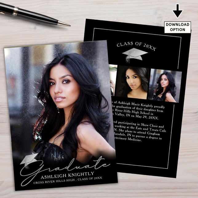 Graduate Handwritten Script Black Silver 4 Photo Announcement (Creator Uploaded)