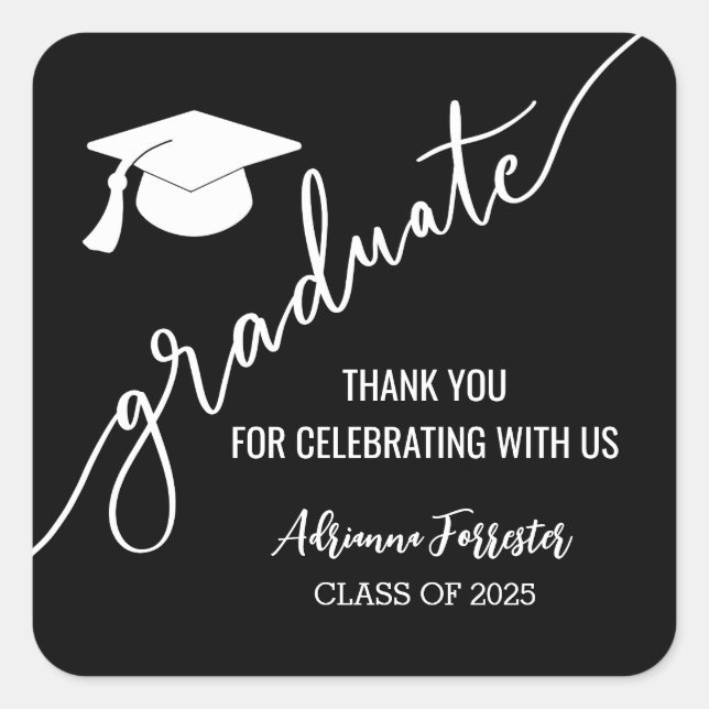 Graduate Handwritten Script | Grad Hat Thank You  Square Sticker (Front)
