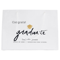 Graduate Handwritten Script Graduation Cap White Large Gift Bag | Zazzle