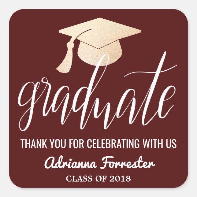 Graduate Handwritten Script | Hat Thank You Square Sticker (Front)