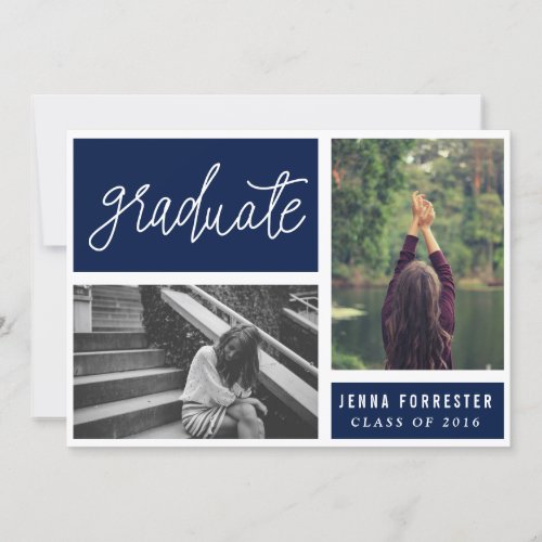 Graduate Handwritten Script Two Photos Navy Blue Invitation