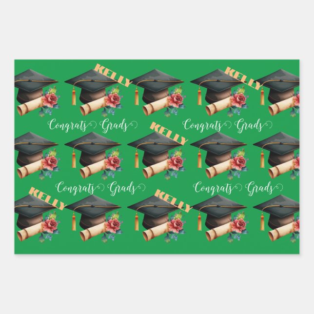 graduate HAT gift grads party floral Wrapping Paper Sheets (Front)