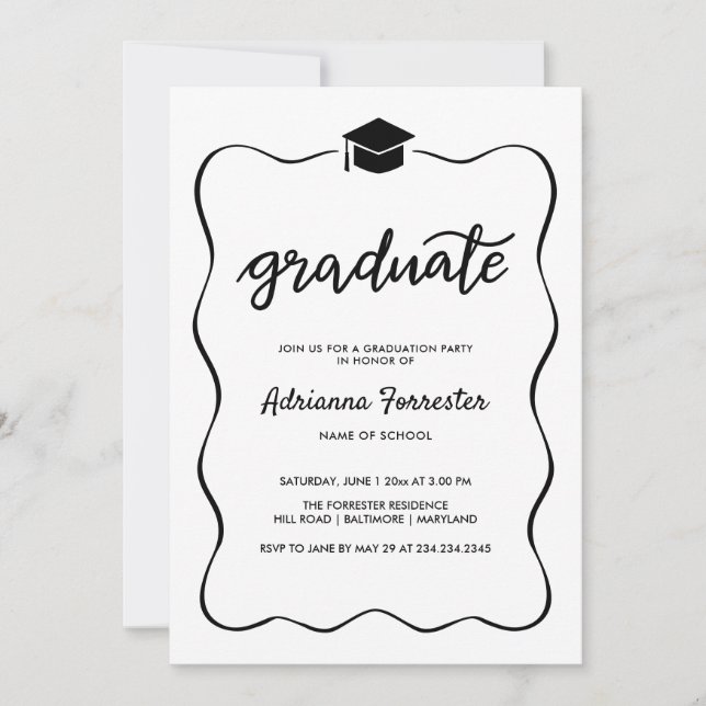 Graduate Hat Modern Cute Ribbon Frame Invitation (Front)