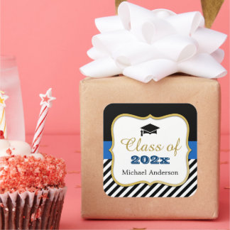 Graduate Hat Modern Gold Navy Stripes Graduation Square Sticker