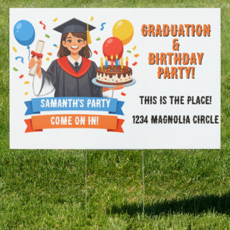 Graduate Holding Cake & Diploma Sign