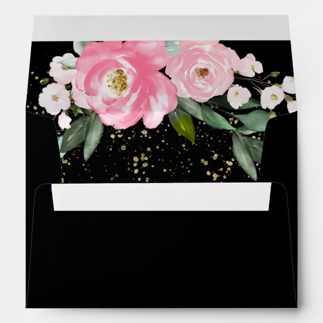 Graduate Hot Pink Floral Bouquet Elegant Black Envelope (Back (Bottom))