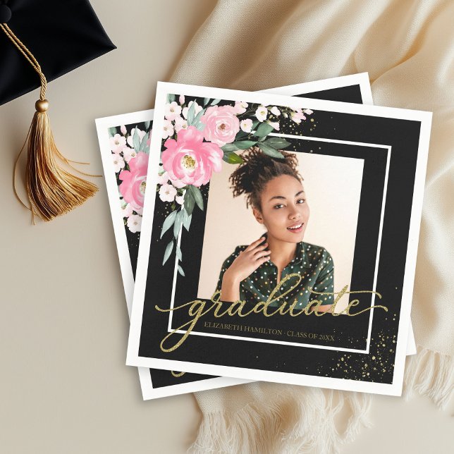 Graduate Hot Pink Floral Grad Party Photo Black  Napkins (Creator Uploaded)