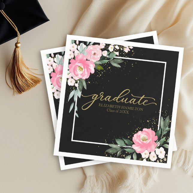 Graduate Hot Pink Floral Graduation Party Black Napkins (Creator Uploaded)