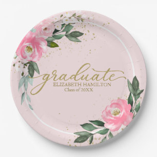 Graduate Hot Pink Floral Graduation Party Paper Plates