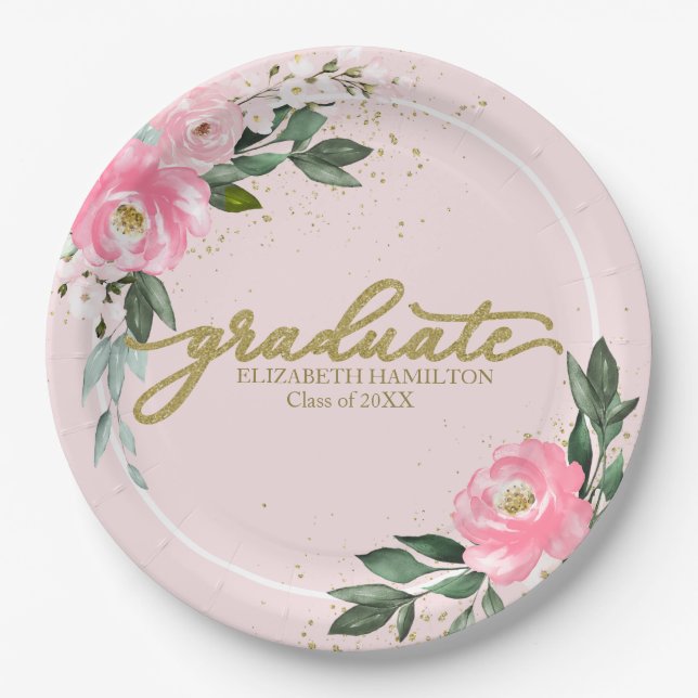 Graduate Hot Pink Floral Graduation Party Paper Plates (Front)
