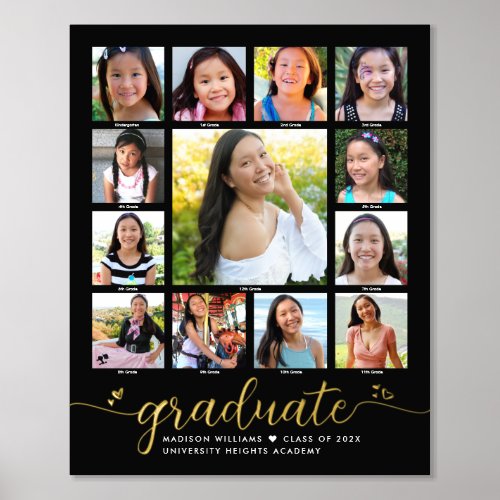 Graduate K12 Photo Collage Script Black Real Gold Foil Prints