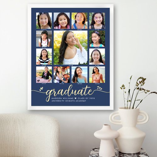 Graduate K12 Photo Collage Script Navy Real Gold Foil Prints