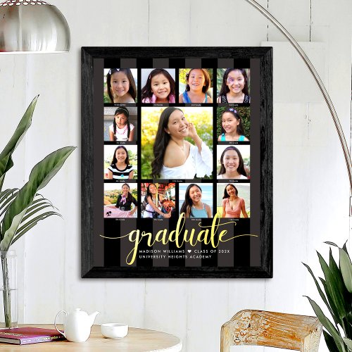 Graduate K12 Script Photo Collage Black Real Gold Foil Prints