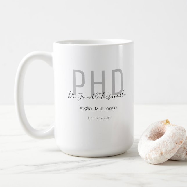 Graduate Keepsake Black Gray Name PhD Coffee Mug (With Donut)