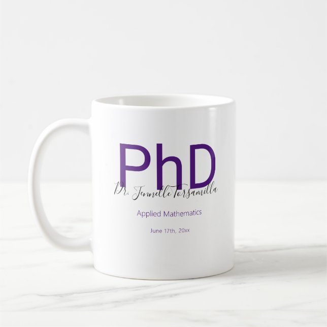 Graduate Keepsake Black Purple Name PhD Graduation Coffee Mug (Left)