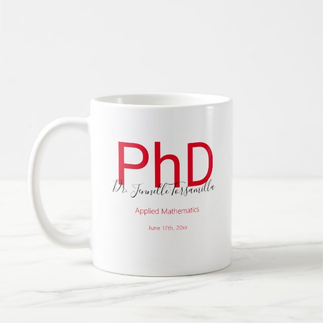 Graduate Keepsake Black Red Name PhD Graduation Coffee Mug (Left)