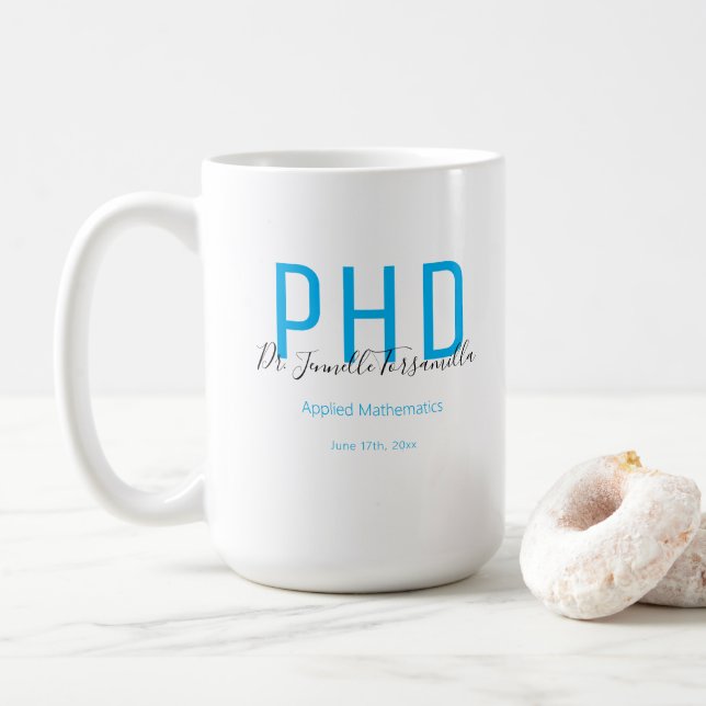 Graduate Keepsake Blue Black Name PhD Coffee Mug (With Donut)