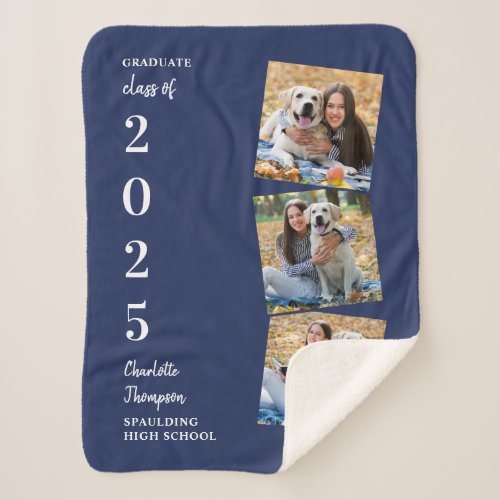 Graduate Keepsake Personalized 3 Photo Navy Blue  Sherpa Blanket