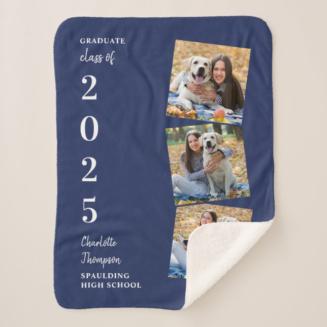 Graduate Keepsake Personalized 3 Photo Navy Blue  Sherpa Blanket (Front)