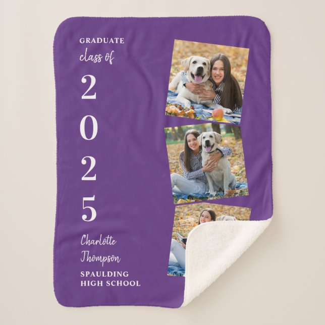 Graduate Keepsake Personalized Photos Purple Sherpa Blanket (Front)