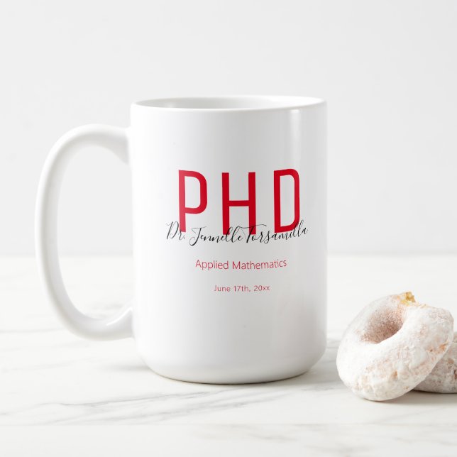 Graduate Keepsake Red Black Name PhD Coffee Mug (With Donut)