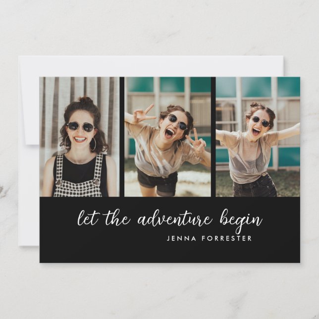 Graduate Let The Adventure Begin | Three Photos  Invitation (Front)
