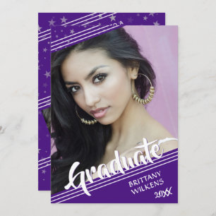 Graduate, Lines & Stars Purple 4-Photo Invitation