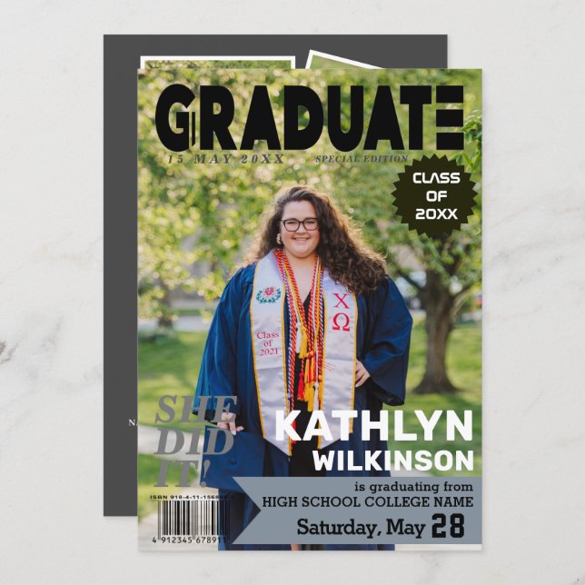 GRADUATE Magazine Cover Style Modern 5 Photo  Announcement (Front/Back)