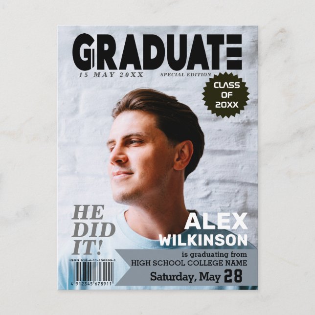 GRADUATE Magazine Cover Style Photo Graduation  Announcement Postcard (Front)
