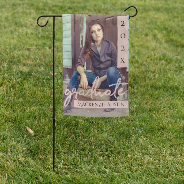Graduate Mauve Script | Dusty Rose Pink Grad Photo Garden Flag (In SItu)