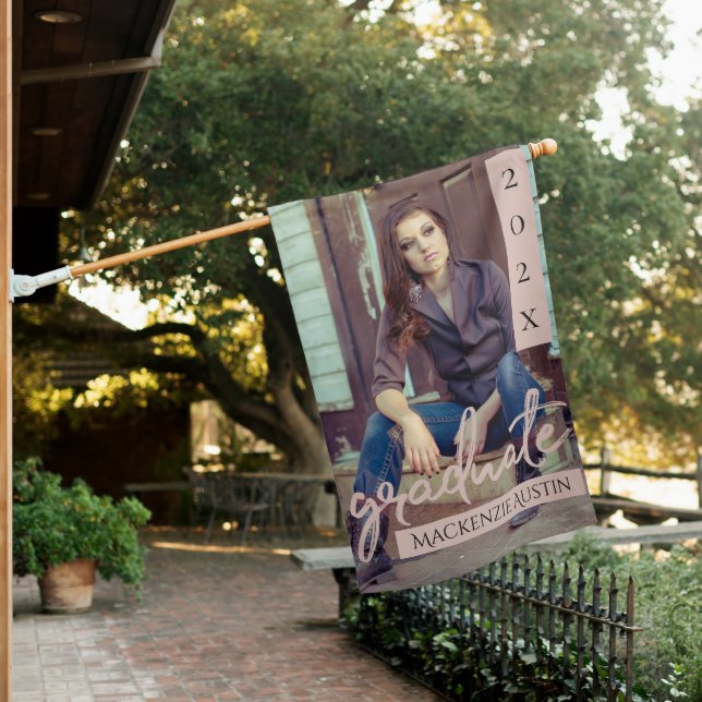 Graduate Mauve Script | Dusty Rose Pink Grad Photo House Flag (In SItu)