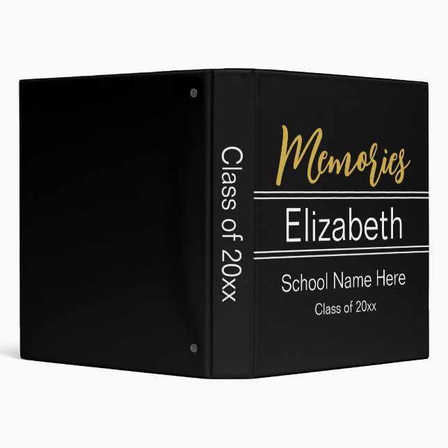 Graduate Memories Black White and Gold Script 3 Ring Binder (Background)