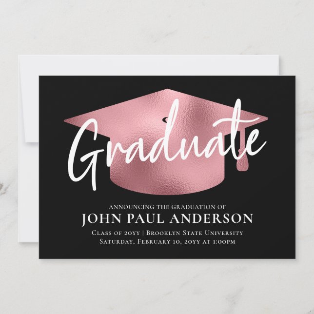 Graduate Metallic Black Blush Pink Cap Graduation Announcement (Front)