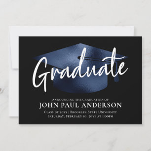 Graduate Metallic Navy Blue Cap Black Graduation Announcement