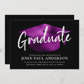 Graduate Metallic Purple Grad Cap Black Graduation Announcement (Front/Back)