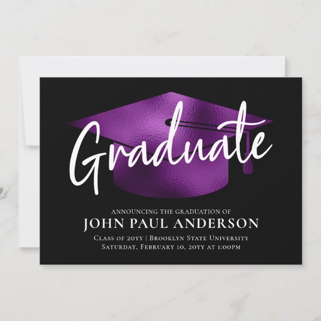 Graduate Metallic Purple Grad Cap Black Graduation Announcement (Front)