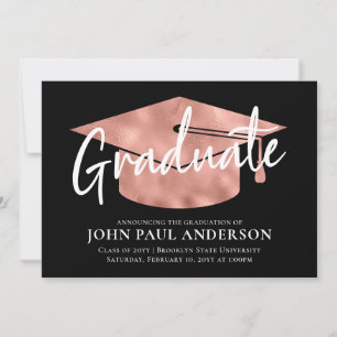 Graduate Metallic Rose Gold Cap Black Graduation Announcement