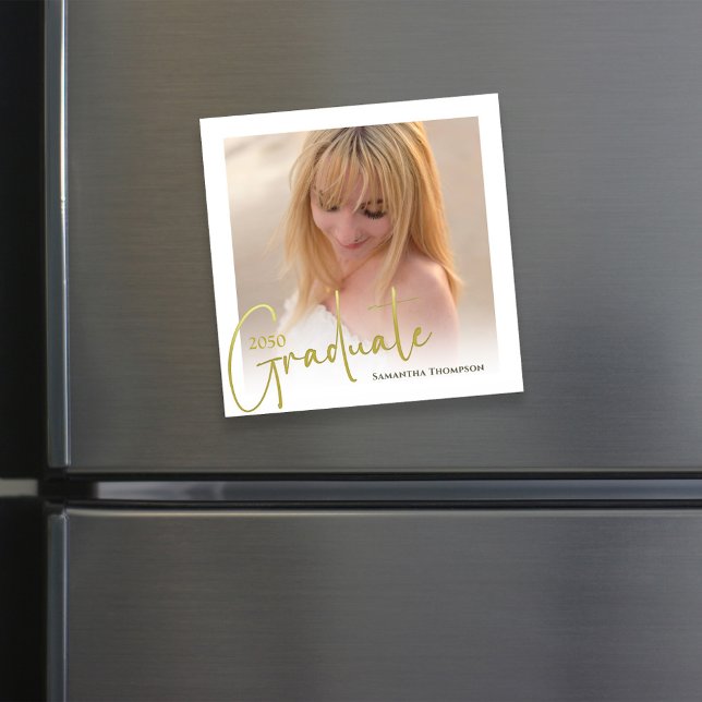 Graduate Minimalist Gold Script Photo Magnetic (Graduation photo template. )